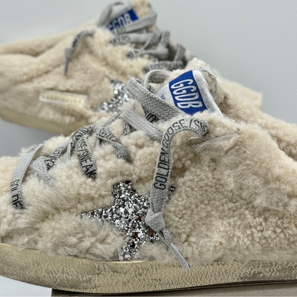 NWT Golden Goose Superstar Sabot Shearling Glitter Sneaker Mule Natural / Silver - Picture 5 of 16